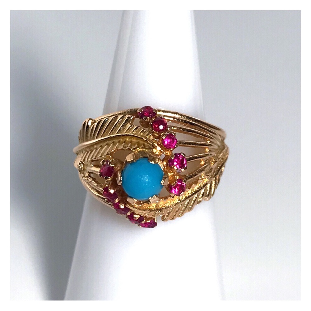 18KT SOLID GOLD ANTIQUE TURQUOISE & RUBY RING - 7.65 GRAMS!! - Picture 2 of 13